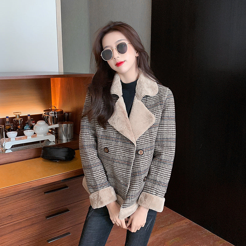 Plaid Luxe Woolen Fur Coat