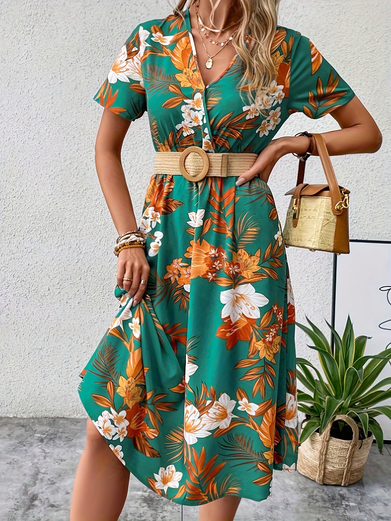 V-Neck Summer Printed Midi Dress