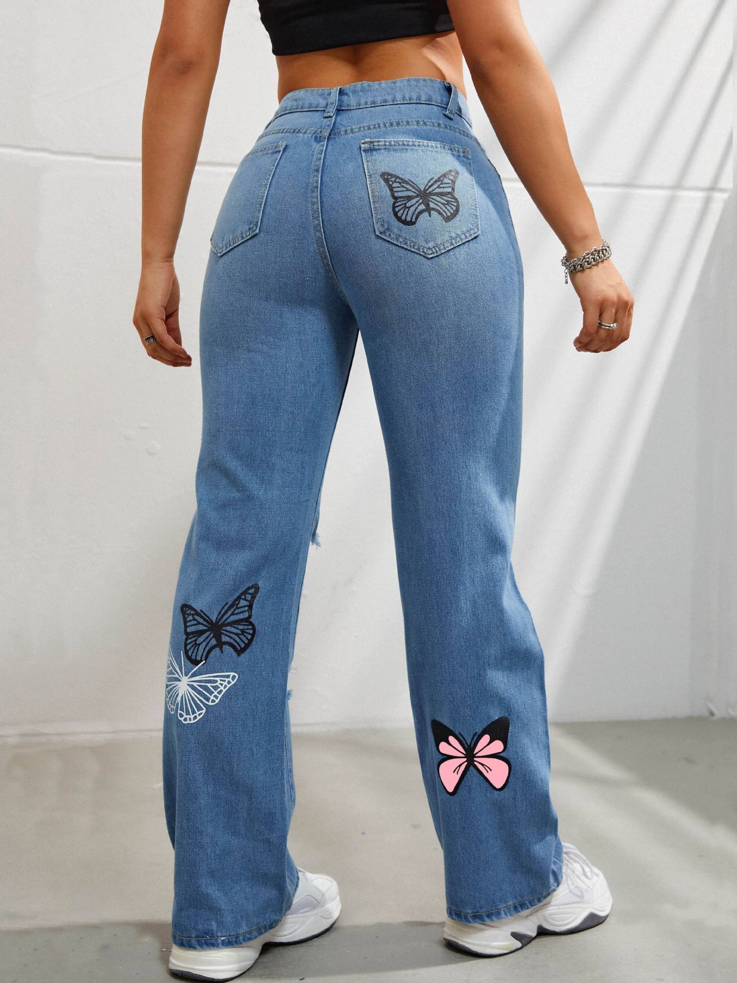 Trendy Butterfly Print High-Waisted Distressed Straight-Leg Jeans