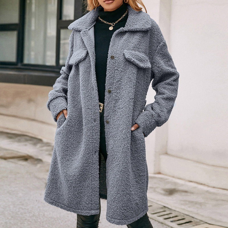 Plush Lapel Trench Coat with Belt and Single-Breasted Design