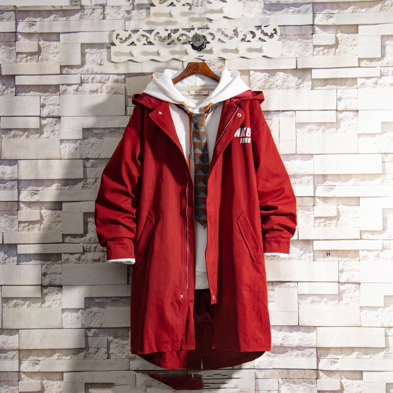 Red Solid Color Mid-length Windbreaker Jacket