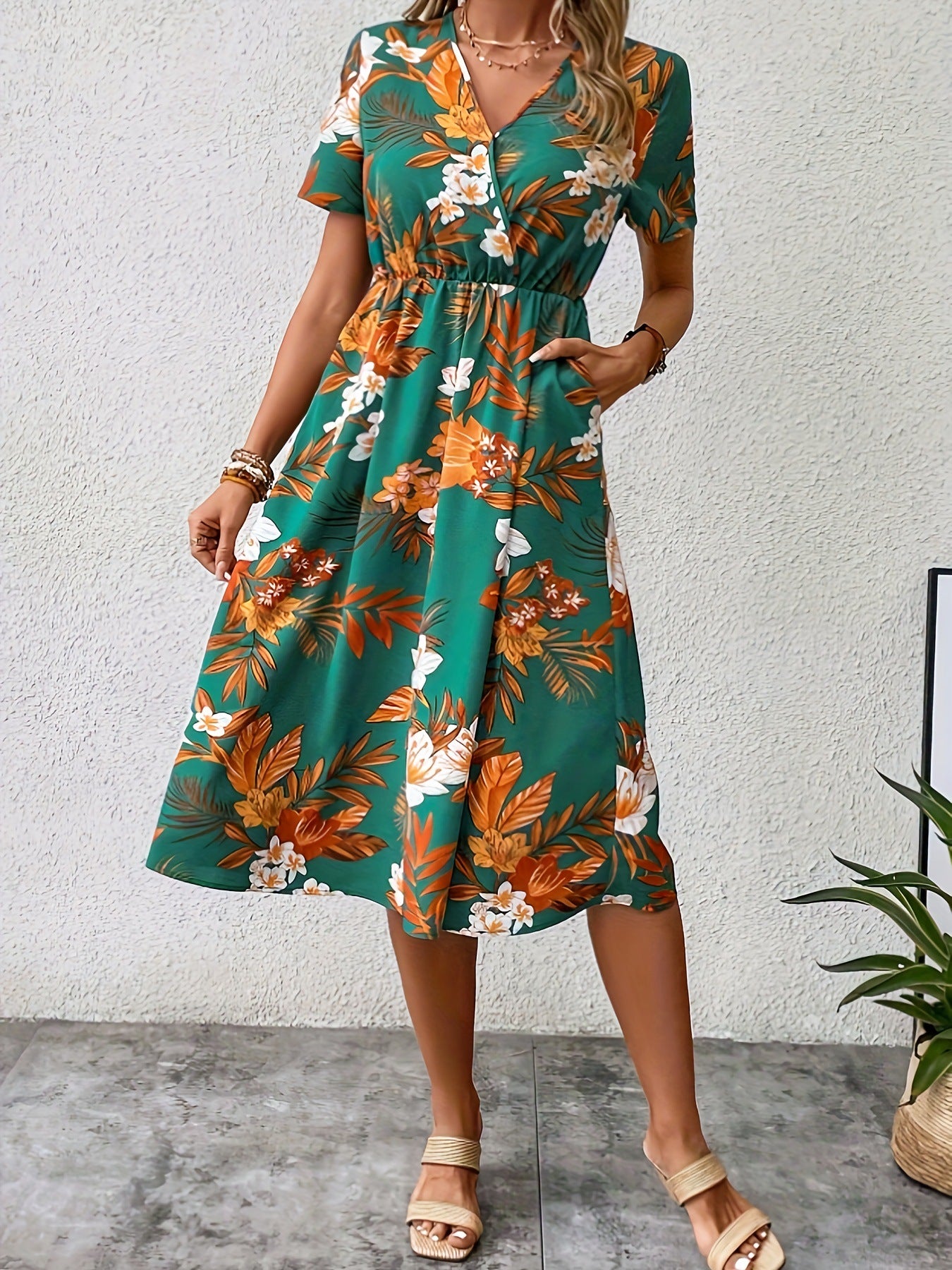 V-Neck Summer Printed Midi Dress