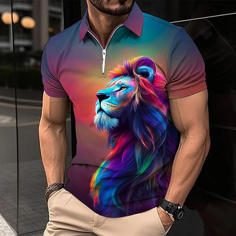 Men’s Lion Print Zip Polo Golf Shirt