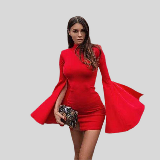 Red Turtleneck Fitted Horn Sleeve Dress