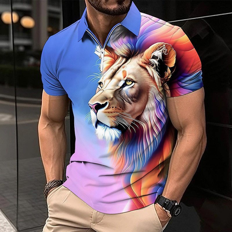 Men’s Lion Print Zip Polo Golf Shirt