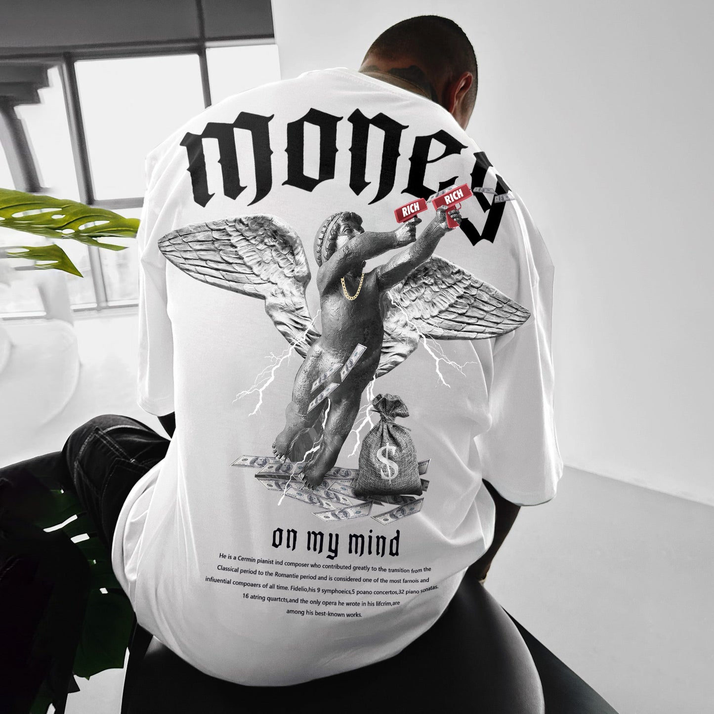 Men’s Loose Fit Money Angel Print Round Neck Short Sleeve T-Shirt