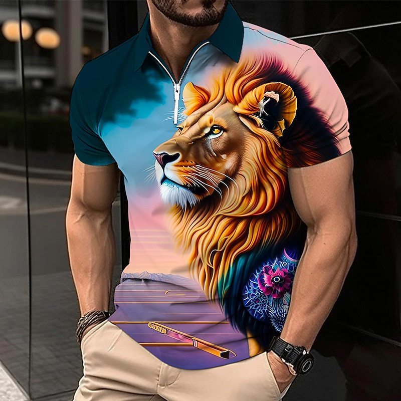 Men’s Lion Print Zip Polo Golf Shirt