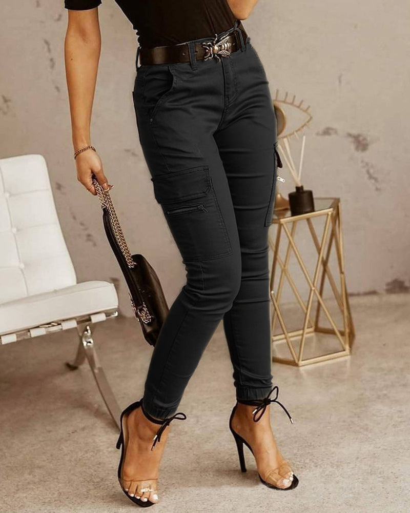 Solid Color Low-Waisted Women’s Trousers with Button and Pockets