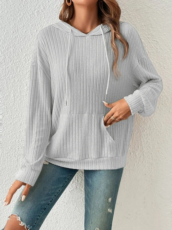 Drawstring Hoodie with Solid Stripe and Pockets for Women