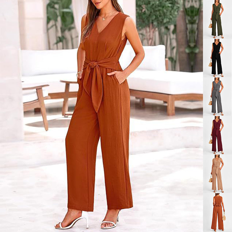 V-Neck Sleeveless Jumpsuit with Pockets and Lace-Up Wide-Leg Design