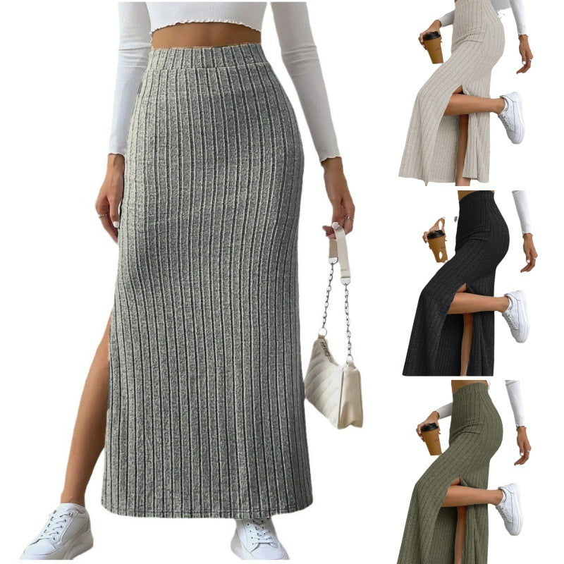 High Waist Side Slit Knitted Skirt