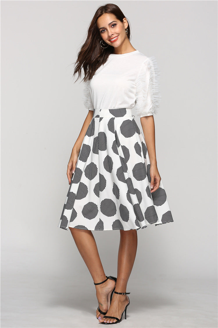 Polka Dot Round Mid-Length Skirt with Wide Hem