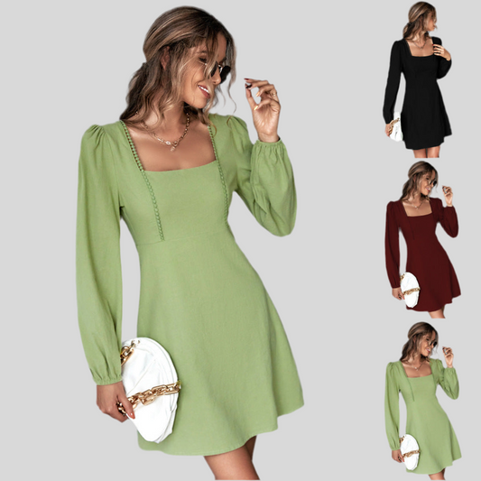 Square-neck Cinched A-line Lace Long Sleeve Dress