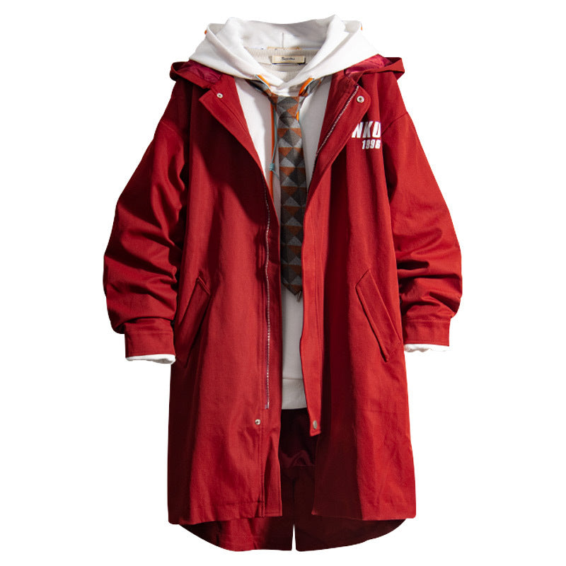 Red Solid Color Mid-length Windbreaker Jacket