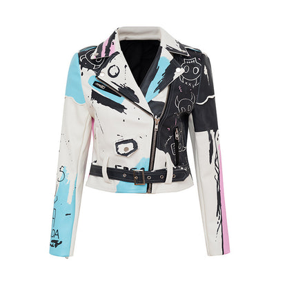 Graffiti Print Rivet Motorcycle Jacket