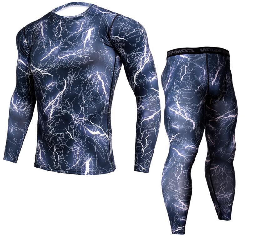 Mens Fitness Gym Suit with Long-Sleeve Tights and Quick-Dry Trousers