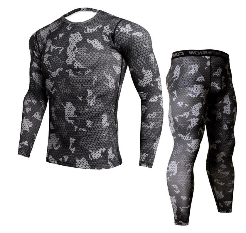 Mens Fitness Gym Suit with Long-Sleeve Tights and Quick-Dry Trousers