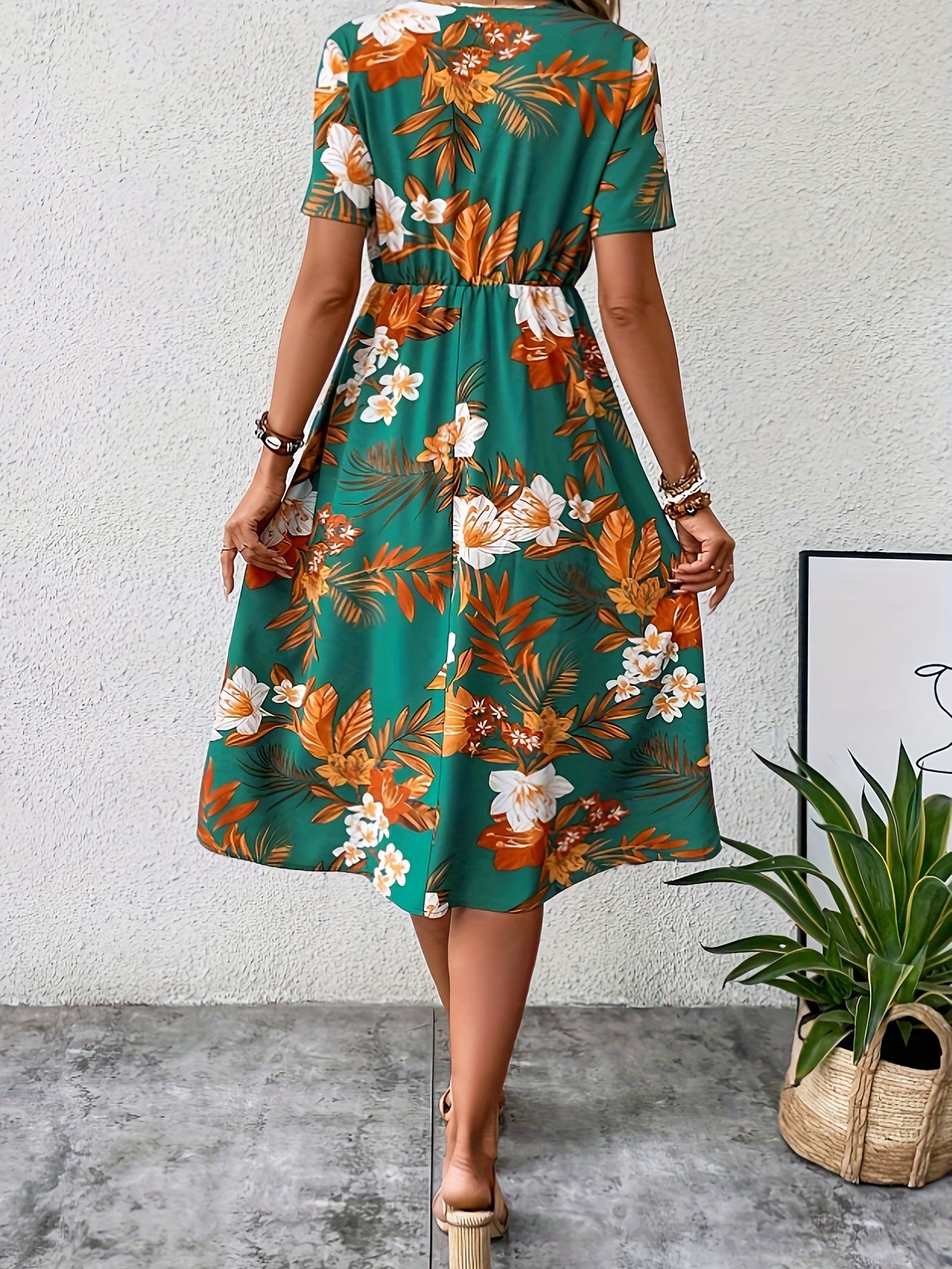 V-Neck Summer Printed Midi Dress