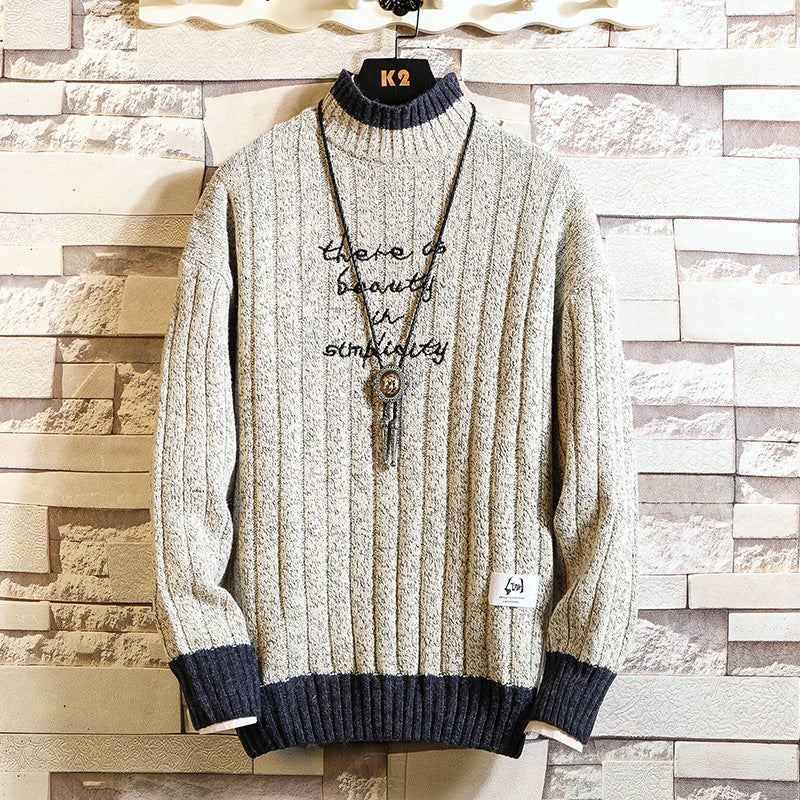 Men’s Long Sleeve Thick Half High Neck Letter Pullover Sweater