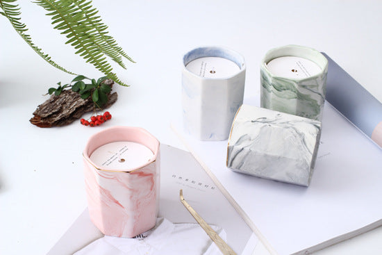 Neutral Marbled Ceramic Octagonal Plant Pot & Smokeless Scented Candle