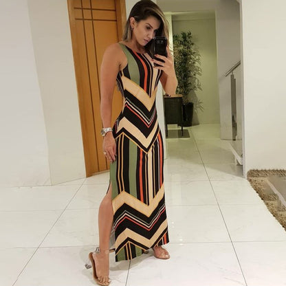 Colorful Striped Side Slit Maxi Dress