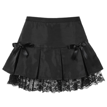 Black Pleated Goth Lace-Trim Dance Skirt