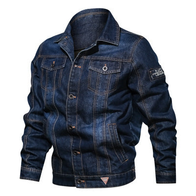 Men’s Large Size Denim Jacket with Multi-Pockets and Lapel