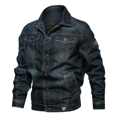 Men’s Large Size Denim Jacket with Multi-Pockets and Lapel