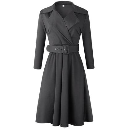 African Slim Waist A-Line Shirt Collar Dress with Belt