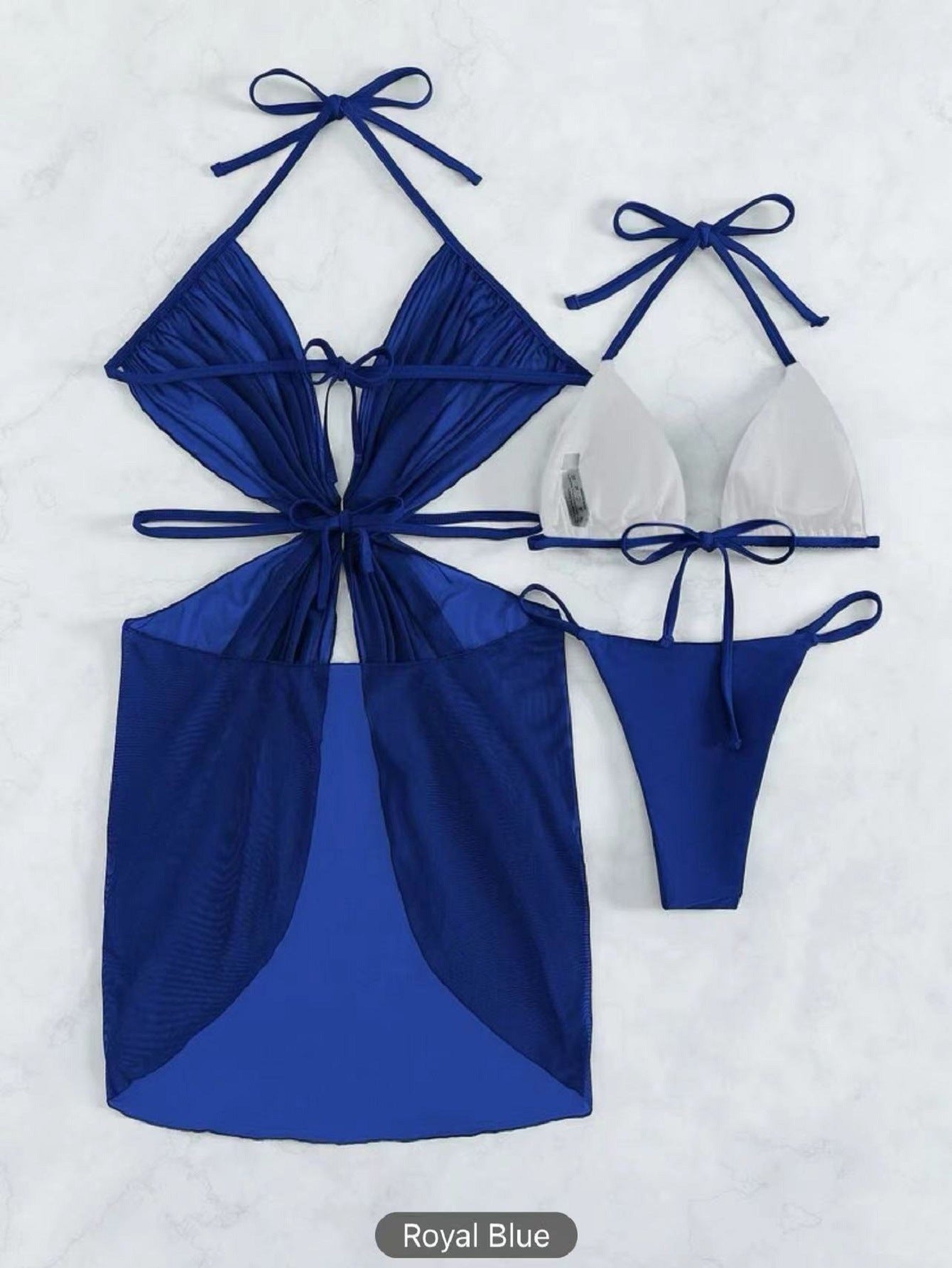 3-Piece Halter Neck Bikini Solid Color Split Swimsuit