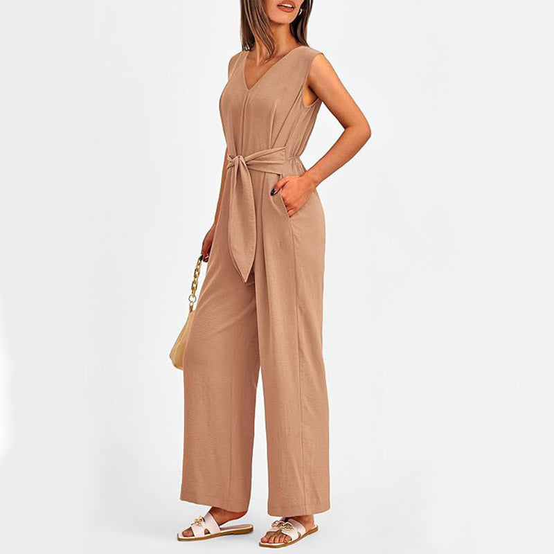 V-Neck Sleeveless Jumpsuit with Pockets and Lace-Up Wide-Leg Design