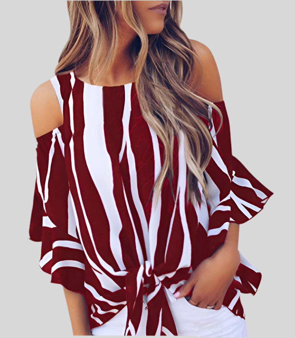 Round Neck Off-the-Shoulder Striped Flared Casual Top