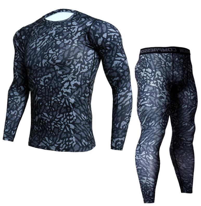 Mens Fitness Gym Suit with Long-Sleeve Tights and Quick-Dry Trousers