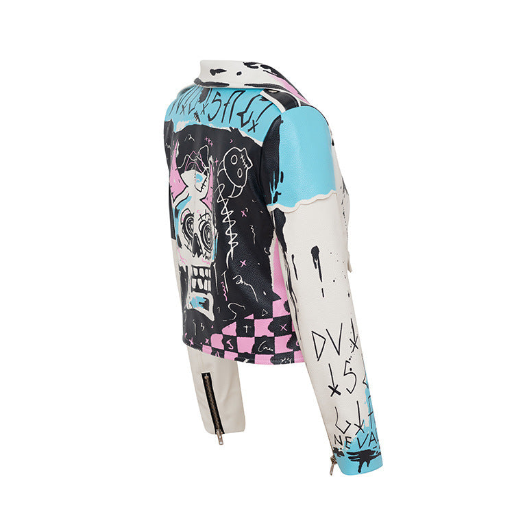 Graffiti Print Rivet Motorcycle Jacket