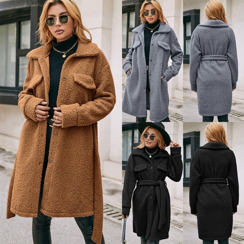 Plush Lapel Trench Coat with Belt and Single-Breasted Design