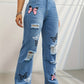 Trendy Butterfly Print High-Waisted Distressed Straight-Leg Jeans