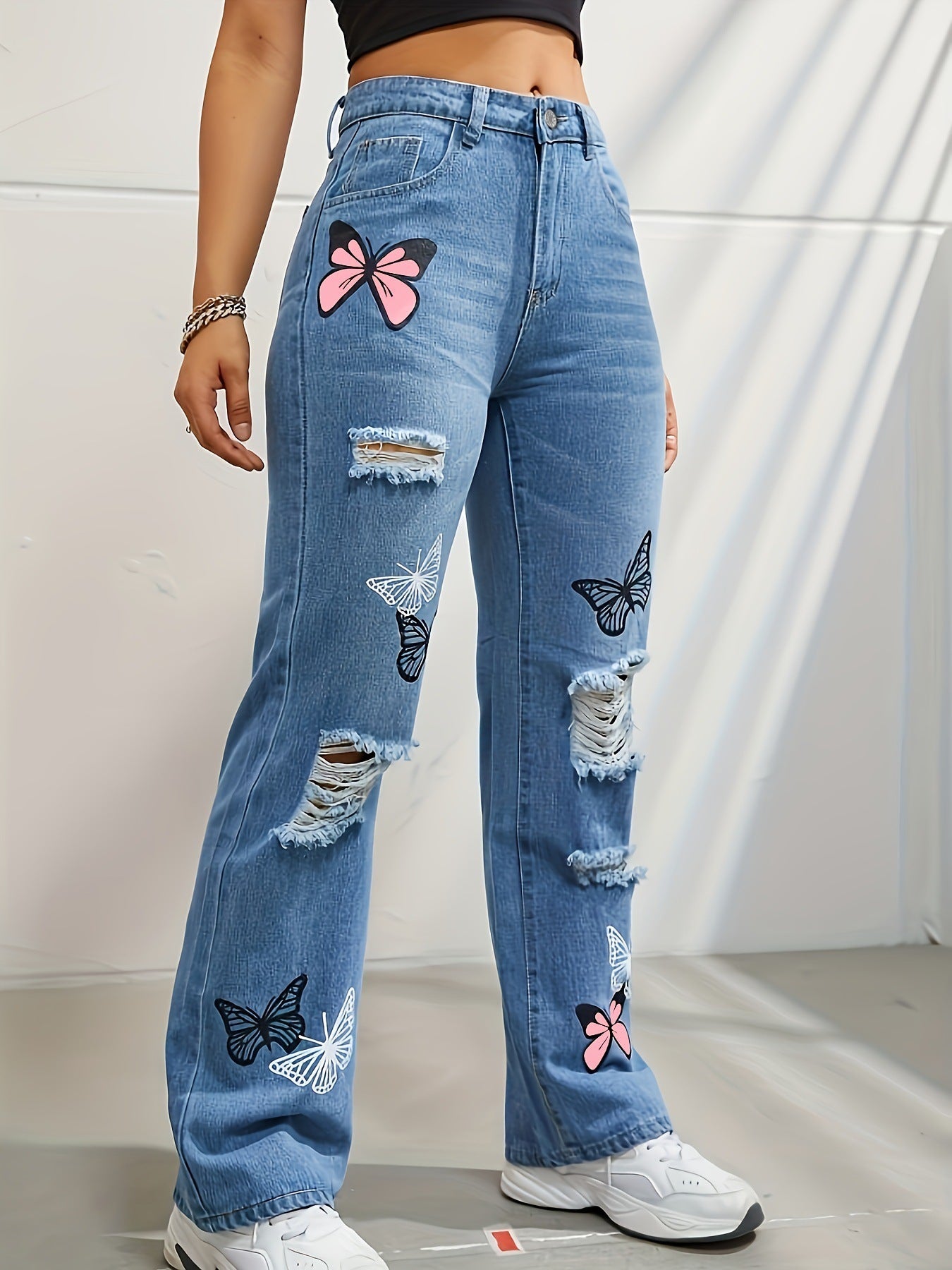 Trendy Butterfly Print High-Waisted Distressed Straight-Leg Jeans