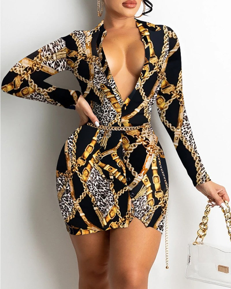 V-neck Stylish Printed Midi Dress