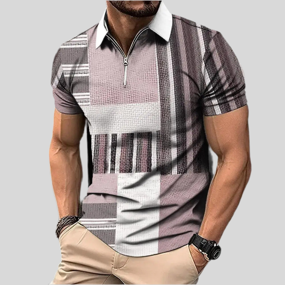 Men’s Retro Plaid 3D Zipper Lapel Short Sleeve Shirt