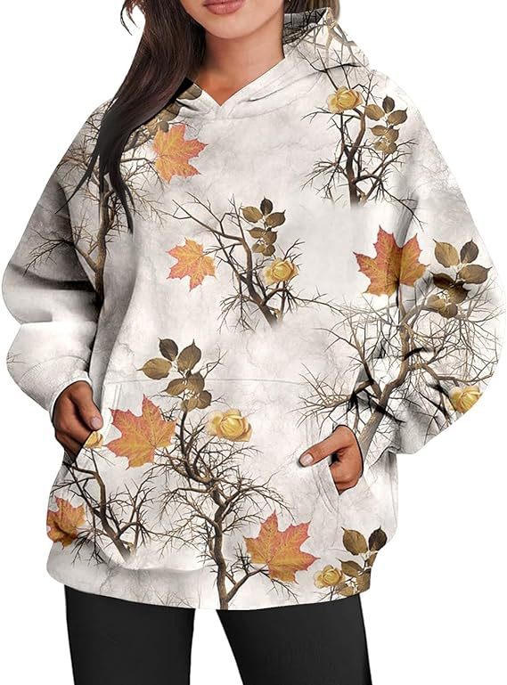 Maple Leaf Print Oversized Hoodie for Women