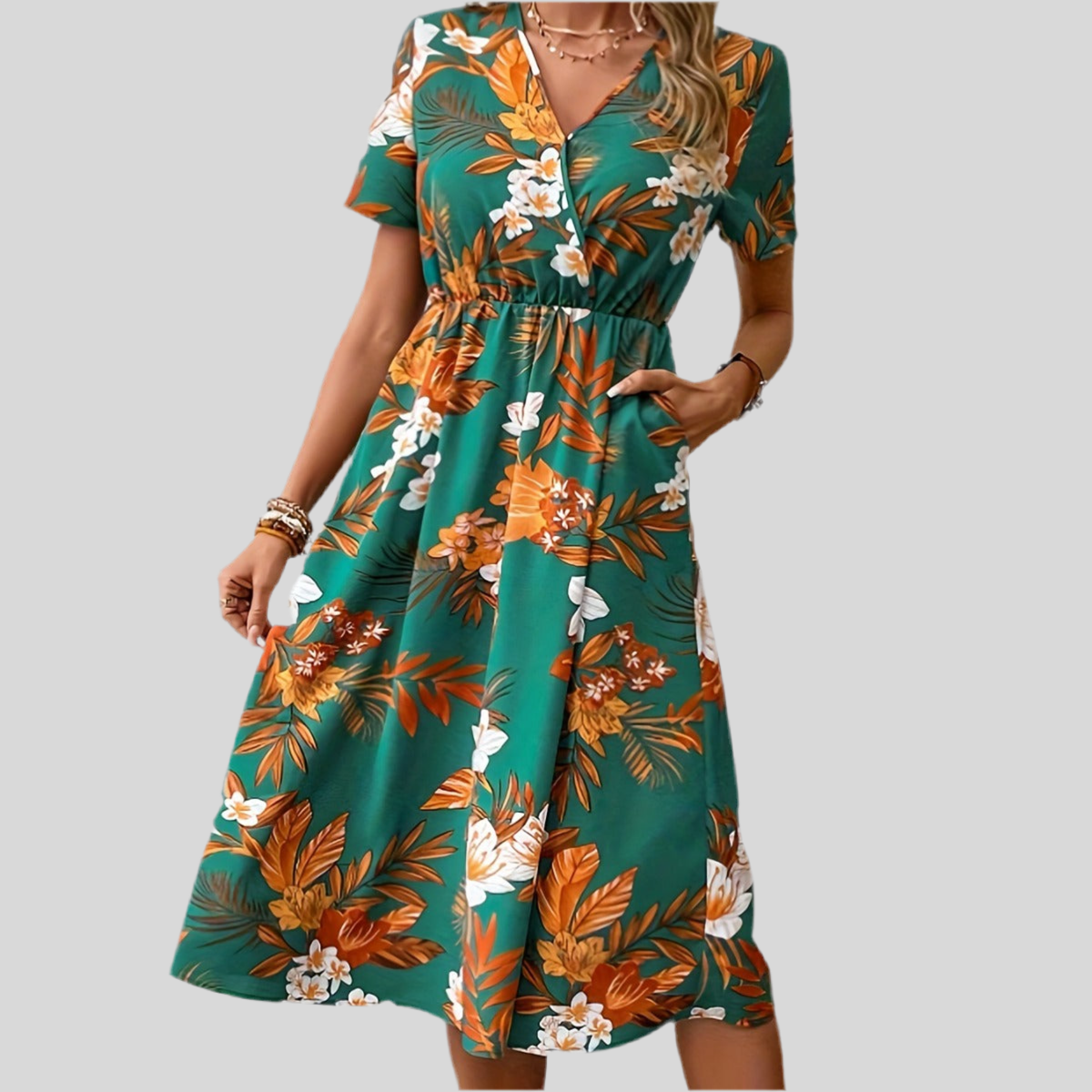 V-Neck Summer Printed Midi Dress