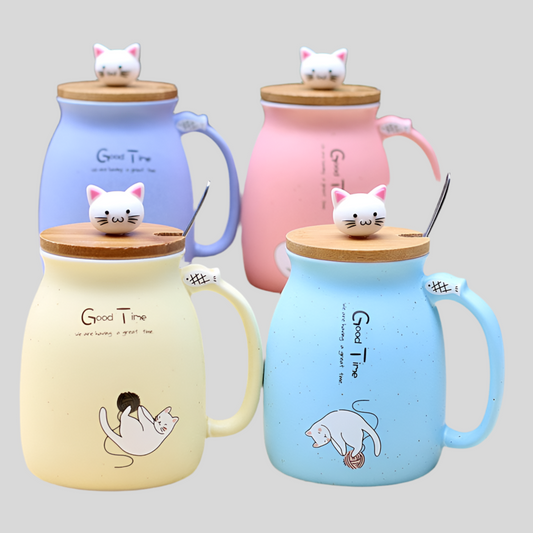 450ml Cartoon Cat Ceramic Mug with Lid & Spoon