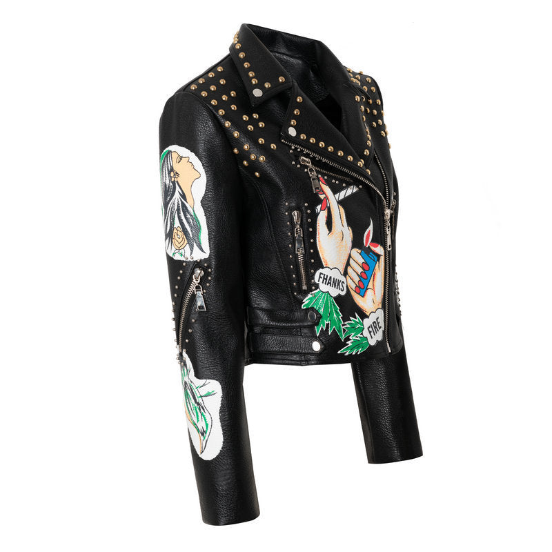 Fashion Print Rivet Leather Jacket for Women