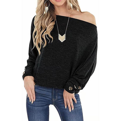 Women’s Off-shoulder Button Detail Long Sleeve Casual T-shirt