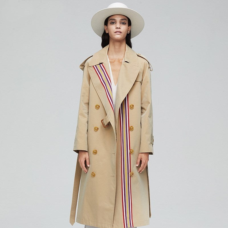 Stripes Slim Waist Double-Breasted Trench Coat