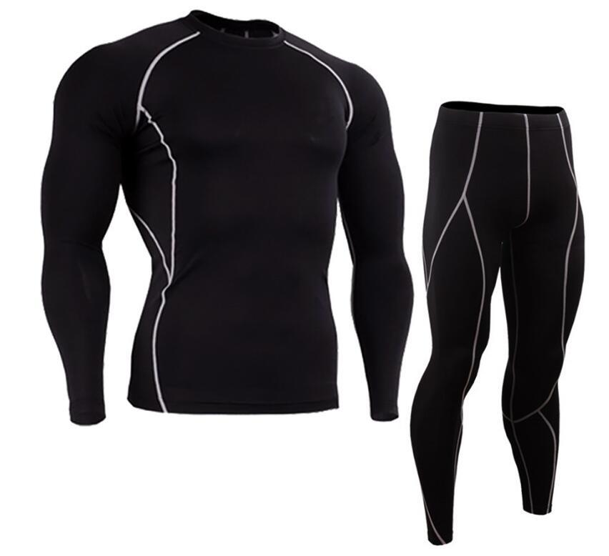 Mens Fitness Gym Suit with Long-Sleeve Tights and Quick-Dry Trousers