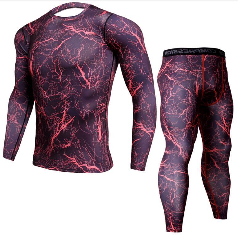 Mens Fitness Gym Suit with Long-Sleeve Tights and Quick-Dry Trousers