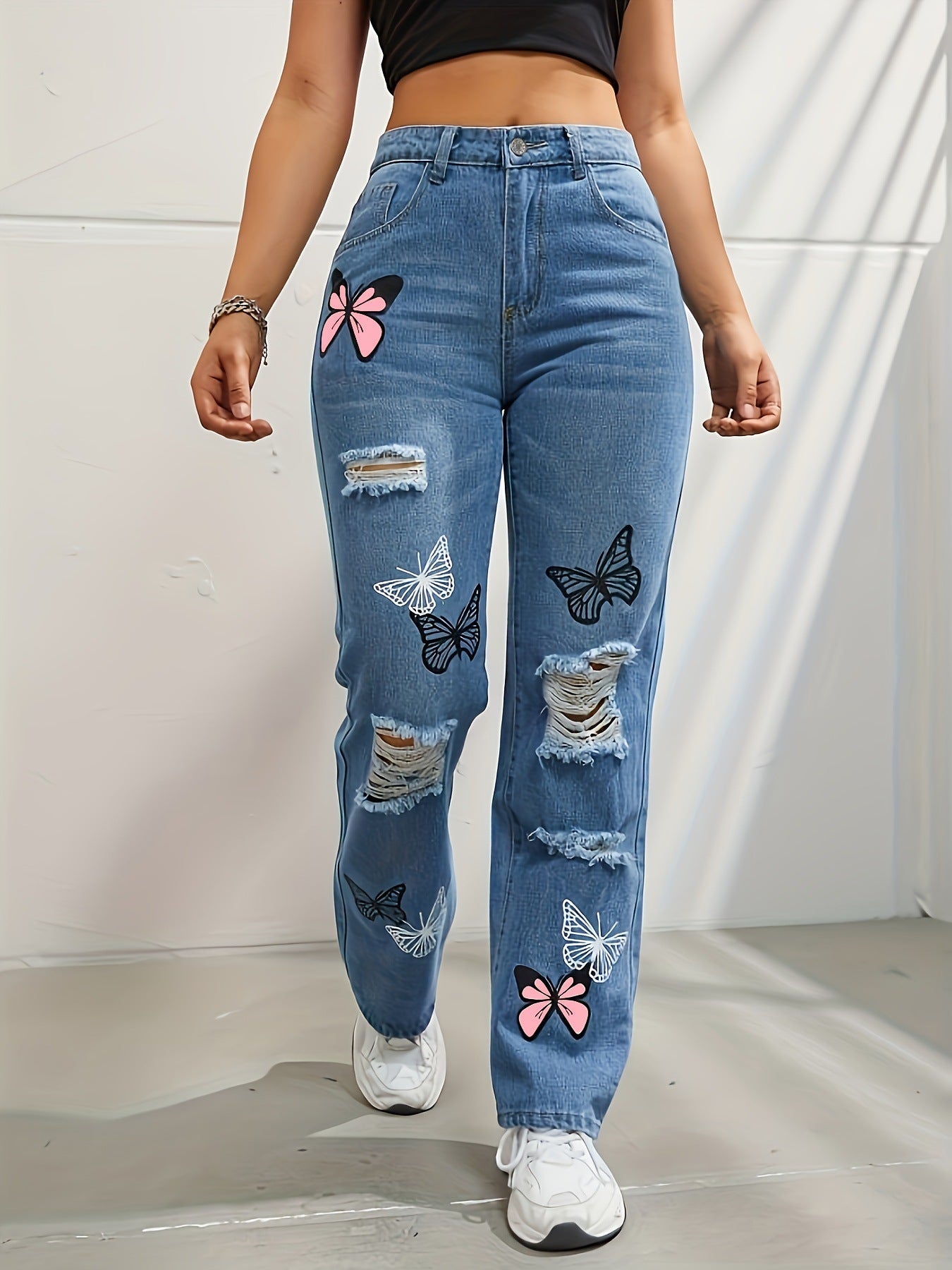 Trendy Butterfly Print High-Waisted Distressed Straight-Leg Jeans