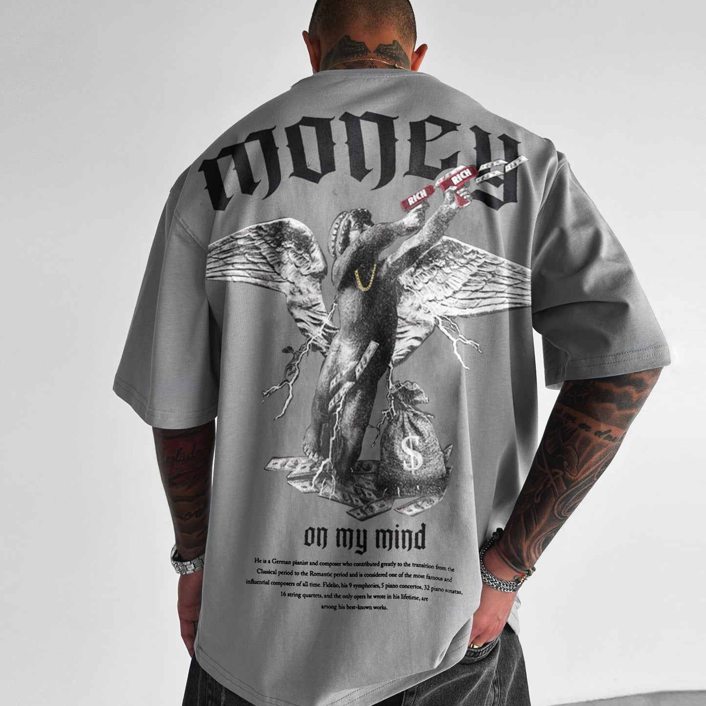 Men’s Loose Fit Money Angel Print Round Neck Short Sleeve T-Shirt