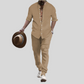 Men’s Striped Hengli Collar Shirt and Trousers Set